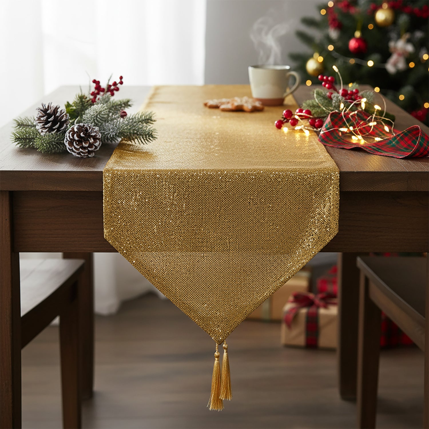 VESTIAMO CASA GRAN NATALE - Runner da Tavola Natalizio Oro con Nappine 32x180 cm
